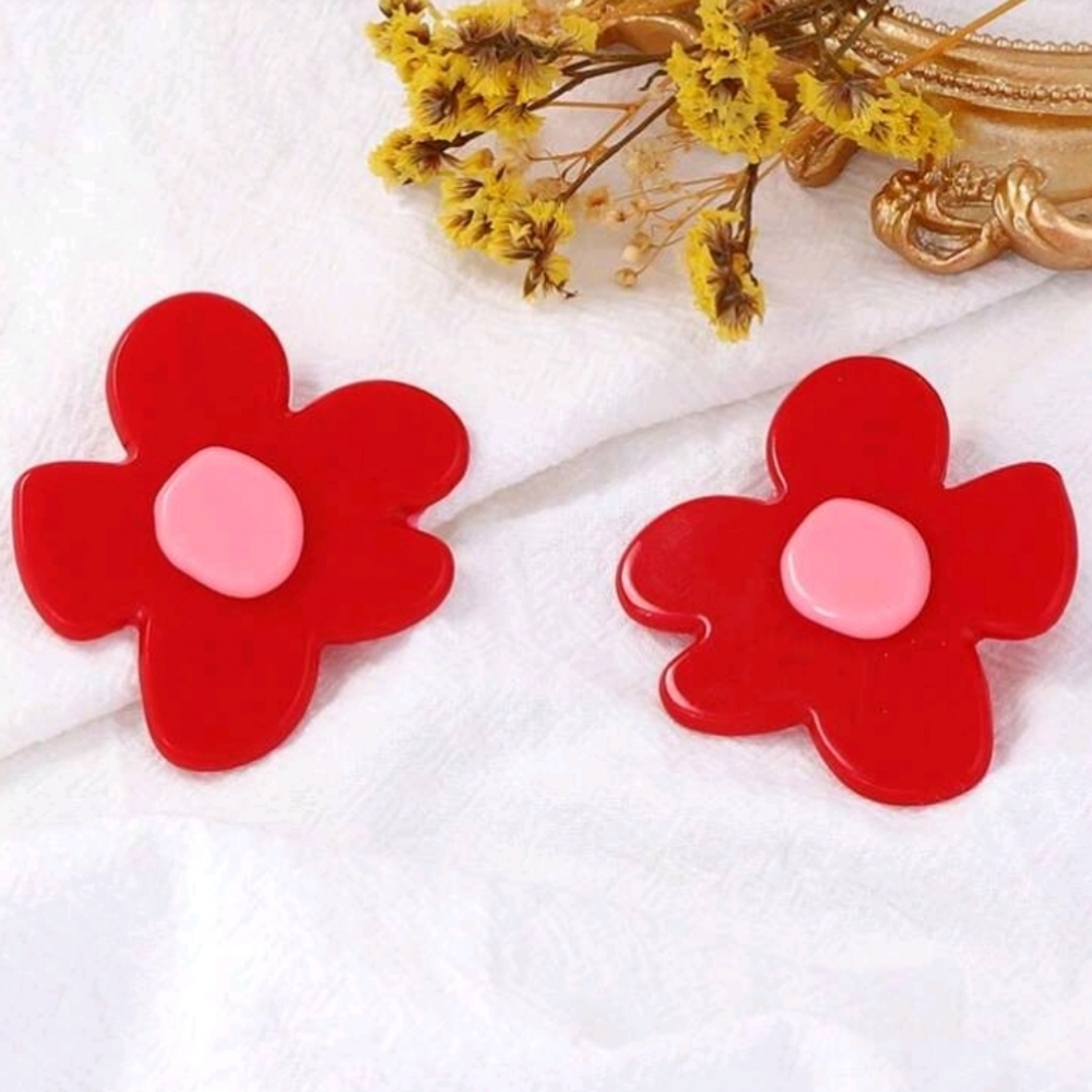NEW! ZARA Statement Huge Red and Pink Flower Post Earrings - Picture 2 of 5